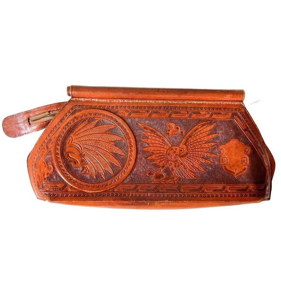 Vintage Abtik Hand-tooled Mayan Print Leather Clutch - Picture 1 of 16